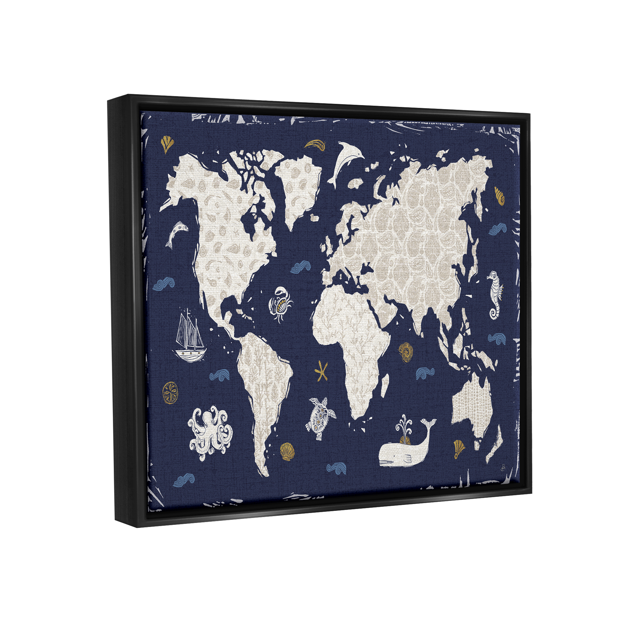 Stupell Industries Blue Patterned World Map Animals & Insects Painting Black Floater Framed Art Print Wall Art, 21 x 17