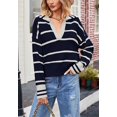 thumbnail image 2 of Split V Neck Classic Striped Pattern Collared Sweater for Women Navy Large, 2 of 4