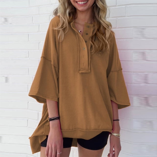 Blusa holgada Honeeladyy informal de verano con mangas 3/4 y cuello redondo para mujer, ideal como regalo para tu familia o amigos (marrón, XL)