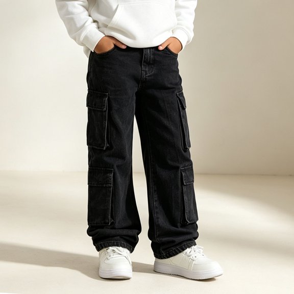 RUTAYY Boys Cargo Jeans Solid Color Multi Side Cargo Pockets High Waist Button Fly Loose Casual Bottoms Black