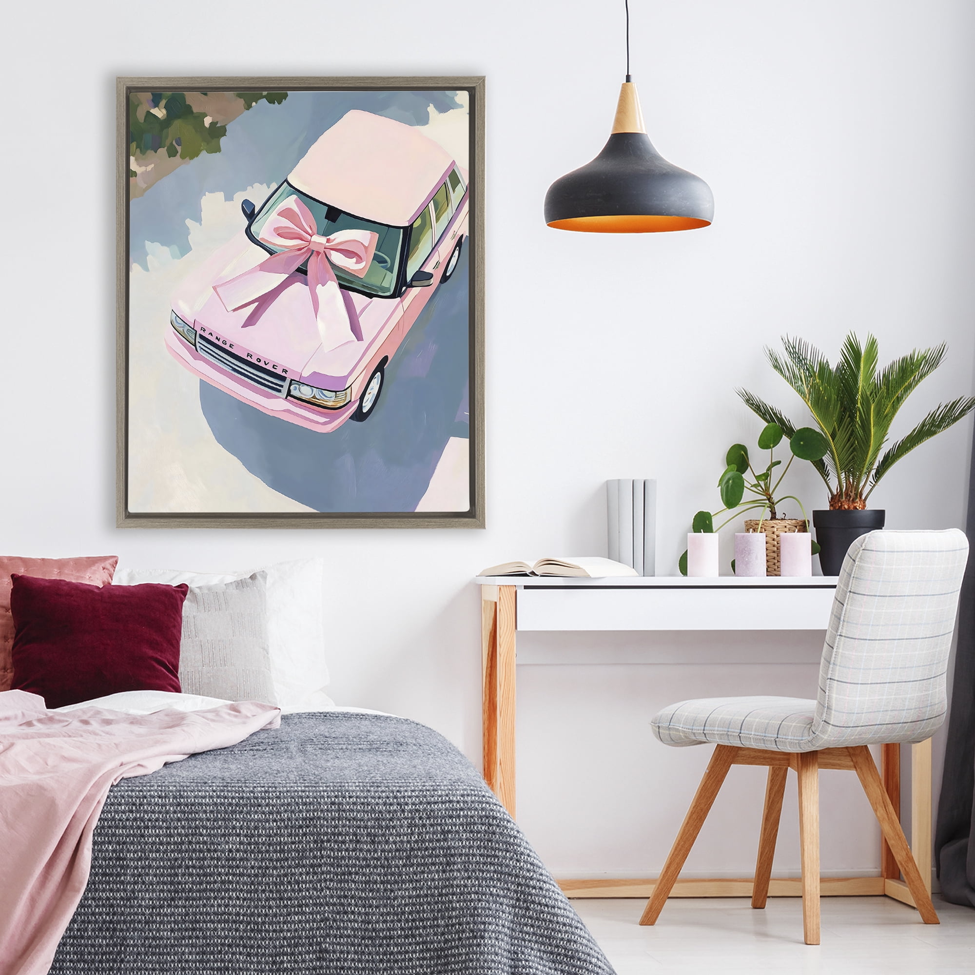 Stupell Industries Pink Luxury Rover with Ribbon Brown Framed Floater Canvas Wall Art, design by The Prints Vibe