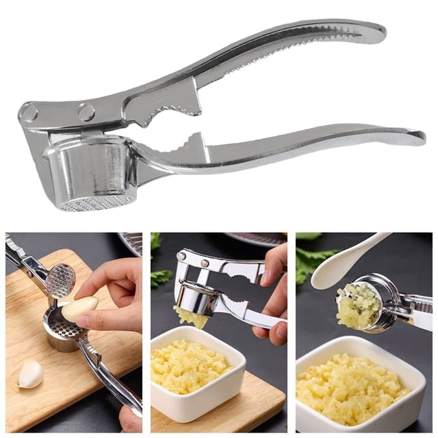 1Pc Metal Garlic Press and Mincer Tool,Rust Proof Kitchen Gadgets,Efficient Ginger Crusher,Professional Squeezer Masher Kitchen Mincer Tool with Ergonomic Handle - Easy to Squeeze and Clean(Silver)