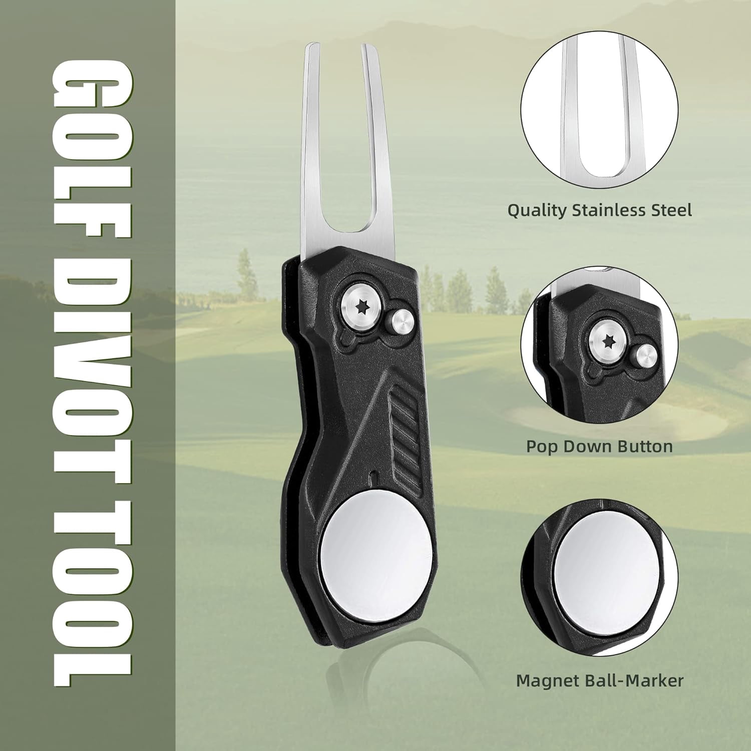 Golf Divot Repair Tool w Magnetic Golf Ball Marker | All Metal Foldable Divot Tool w Pop-up Button | Golf Accessories for Men