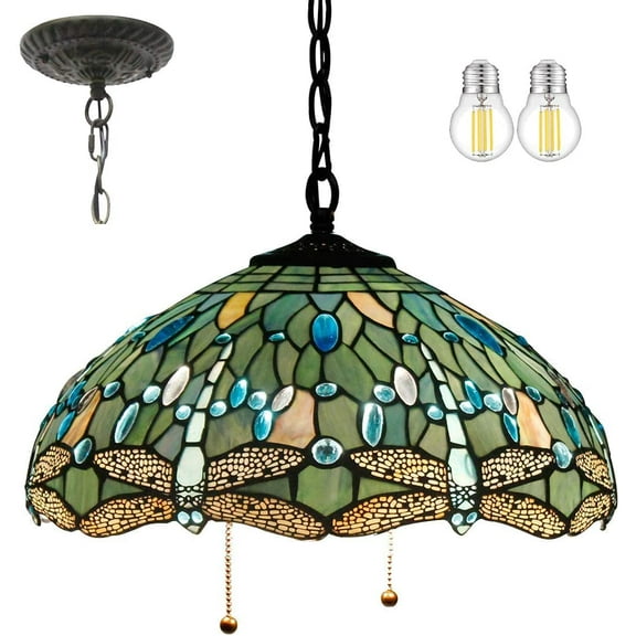 Tiffany Pendant Lighting for Kitchen Island Large Fixture Industrial Rustic Chandelier Swag Farmhouse 16" Sea Blue Stained Glass Dragonfly Shade Boho Hanging Lamp Bedroom Living Dining Room WERFACTORY
