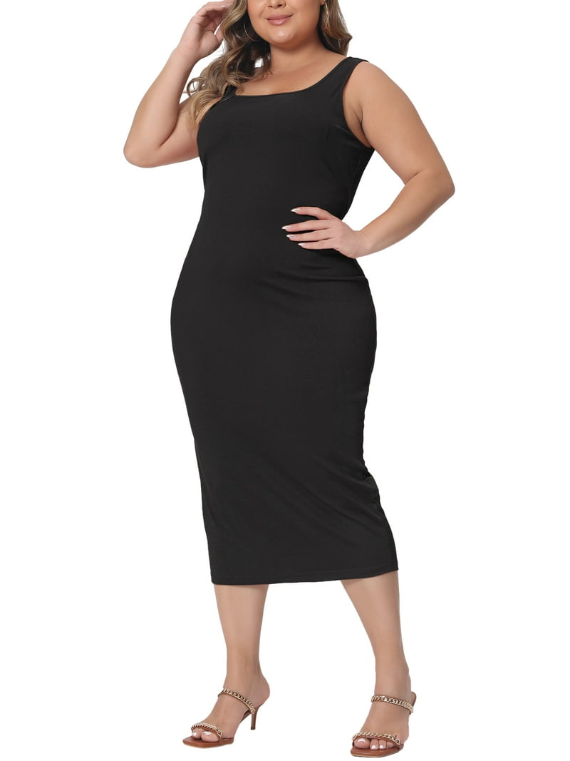 Agnes Orinda Women's Plus Size Dress Sleeveless Square Neck Bodycon  Sundress Midi Tank Dress 2X Black - Walmart.com