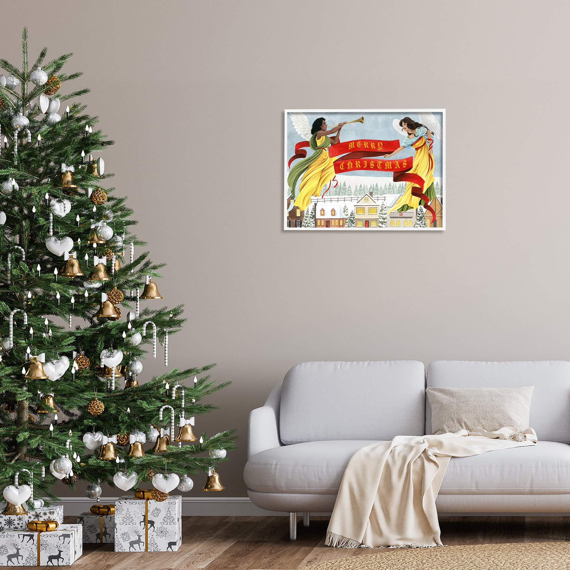 Herald Angels Christmas Banner Above Wintery Town Inspirational Graphic Art Framed Art Print Wall Art