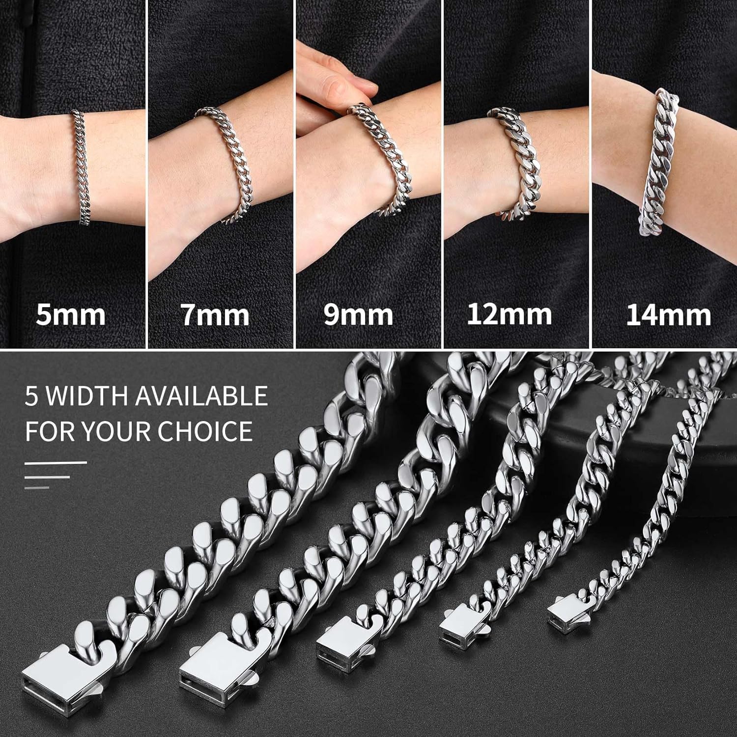 Leander Stainless Steel Cuban Link Bracelet for Men, 5mm/7mm/9mm/12mm Width, 7.5"/8.3"/9" Length, Black/18K Gold Plated Chain Wrist Bracelets for Men, with Gift Box