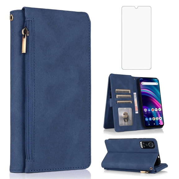 Asuwish Wallet Kickstand Hard Shell Cell Phone Case with Tempered Glass Screen Protector for BLU G91 Max, Blue