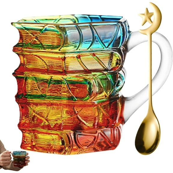 Bookhaven Mug, 3d Hand-painted Book Coffee Cup Stained Glass, 7 Oz Novelty Books Coffee Mug, Unique Gift for Readers, Librarians, Book Lovers, Writers & Bibliophiles(Style B,2Pcs)