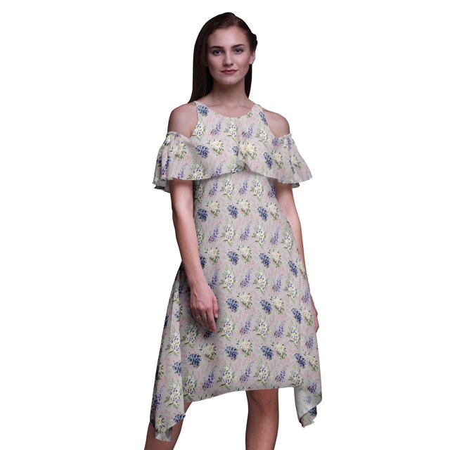 Bimba Tunique à Épaules Dénudées Imprimée Aquarelle Grise pour Femmes Robe de Soirée Col Rond - TTTG