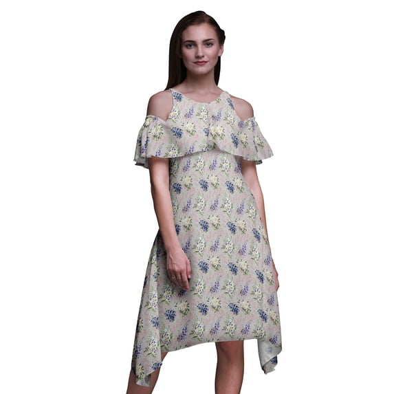 Bimba Watercolor Print Flutter Sleeve Women’s Party Tunic Cold Shoulder Midi Dress-Large
