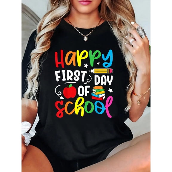 Happy First Day of School Teacher Boys Girls Back to School T-Shirt Women's Men's Graphic Tee Casual Tops
