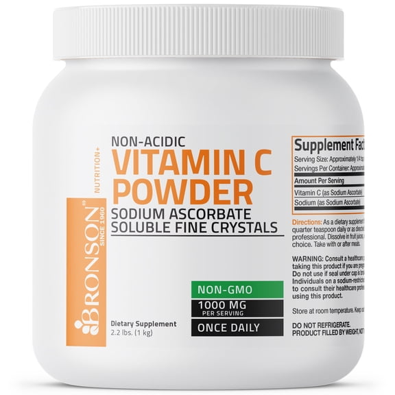 Bronson Non Acidic Vitamin C Powder Sodium Ascorbate Non GMO Soluble Fine Crystals Healthy Immune System, 1 Kilogram (2.2 lbs)