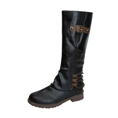 

Womens Block Low Heel Cowboy Boots Vintage Knee High Waterproof Combat Long Boots & Booties