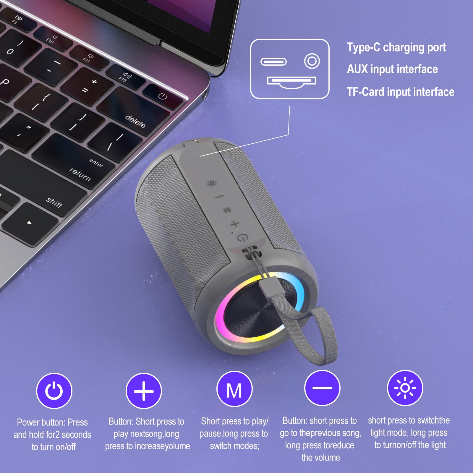 Jierben Waterproof Speaker, 12W Portable Bluetooth Speaker, LED Lights, Portable Outdoor Wireless Speaker for Shower, Beach, Travel, Gift Ideas, Gray