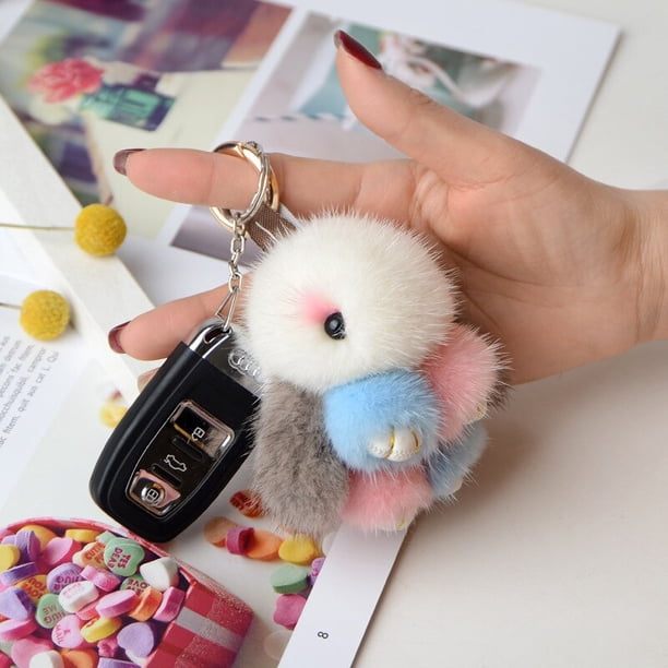 Colored Rainbow Kawaii Plush Rabbit Keychain Rabbit Doll Diamond Mink hair Fur Pompom Bunny Toys Key Chain christmas giftsGray He Qiyong unisex