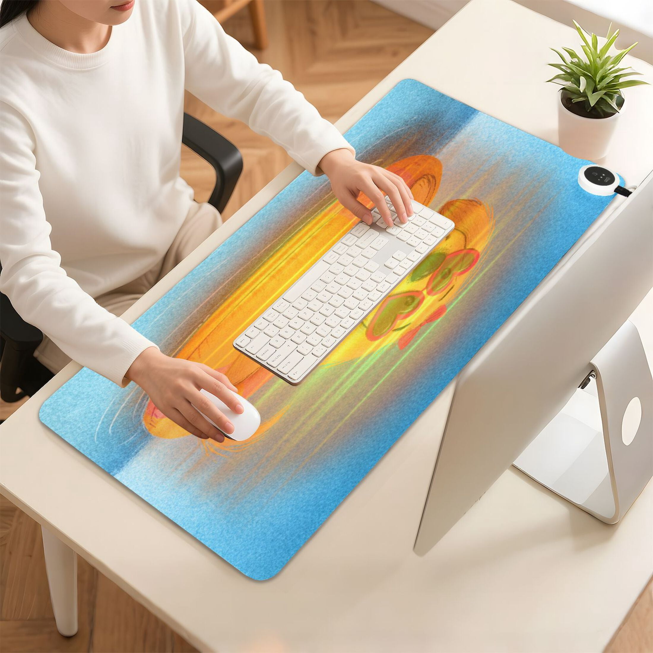 Large Heated Desk Mat Mouse Pad 31.5"x13"PU Leather Graphene Heating Desk Warmer with 3 Temperature Settings 110V US Plug Non-Slip Warm Pad for Home, Office, and Gaming Heart Glasses Dog Pattern