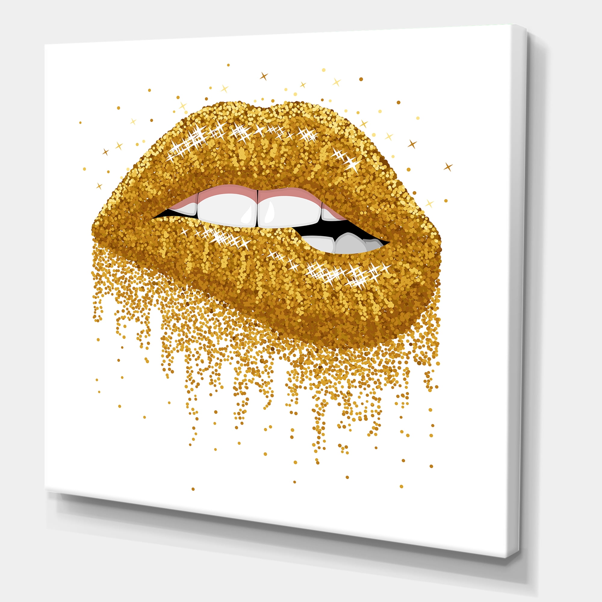 Designart ' Girl Lips With Glitter Gold Sparkles ' Modern Canvas Wall Art Print