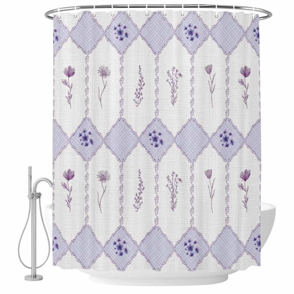 Extra Long Shower Curtain 72x84 Inch, Purple Flowers Geometric Shower Curtain Waterproof Bathroom Decor, Spring Floral Elegant Pastoral Fabric Bath Curtain Set Accessories with Hooks
