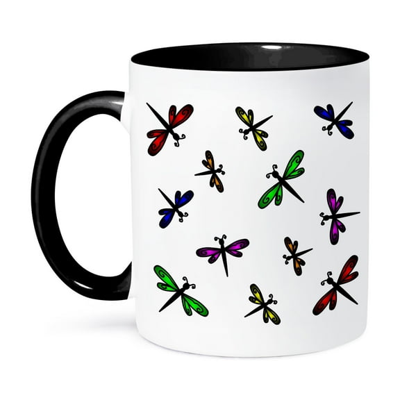 3dRose, Dancing Rainbow Dragonflies Print, 11oz Two-Tone Black Mug