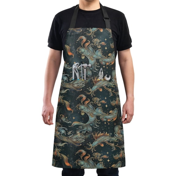 Kitchen Apron with 2 Pockets Adjustable waterproof Cooking Aprons for Women Men Chef Fishes and Star