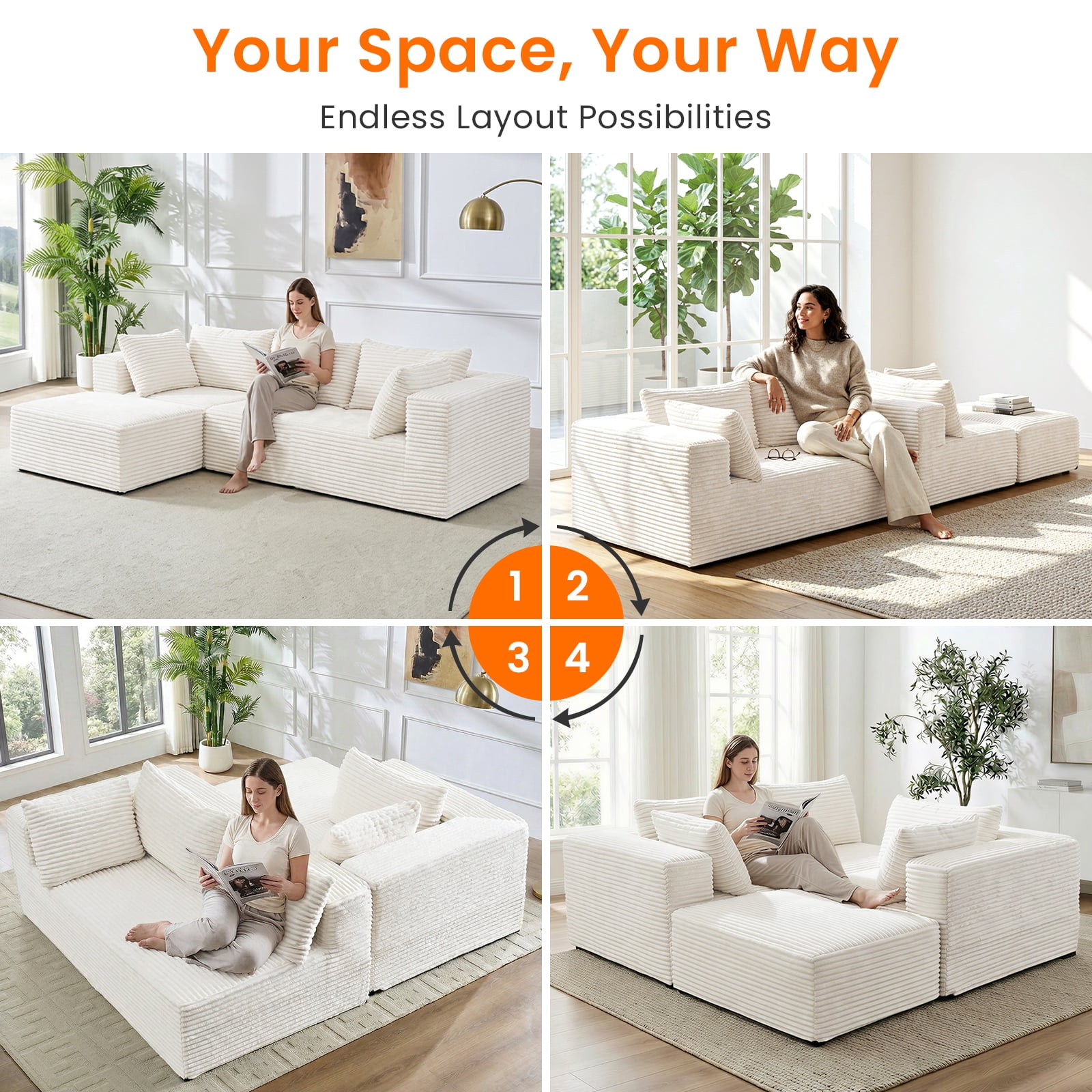 ZAFLY 110" Cloud Sectional Sofa, Modular Corduroy Deep Seat Couch, L Shaped Couches for Living Room - Beige