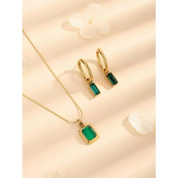 EOEMY 3Pcs/Set Luxurious Jewelry Set Green Cubic Zirconia Rectangle-Default