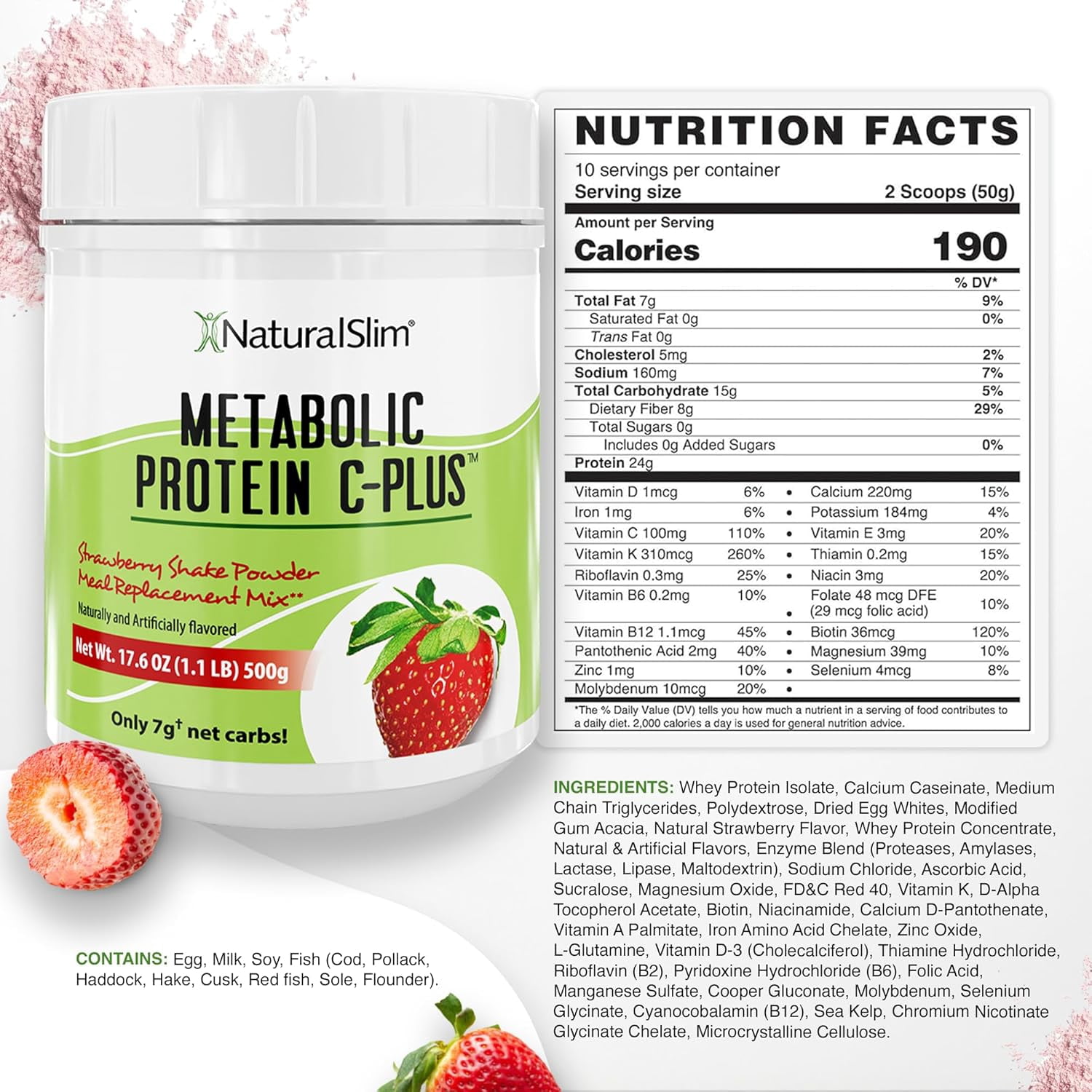 NaturalSlim Metabolic Protein C-Plus - Whey Protein Shake Powder Strawberry, 10 Servings