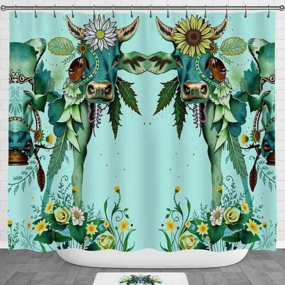 Whimsical Blue & Green Cow Shower Curtain with Floral Accents - Background for Farmhouse Decor