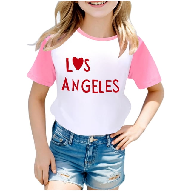 WEIYLL T-Shirts pour Filles Imprimé Lettre Raglan Manches Courtes Été Vêtements Décontractés Doux pour 11-12 Ans