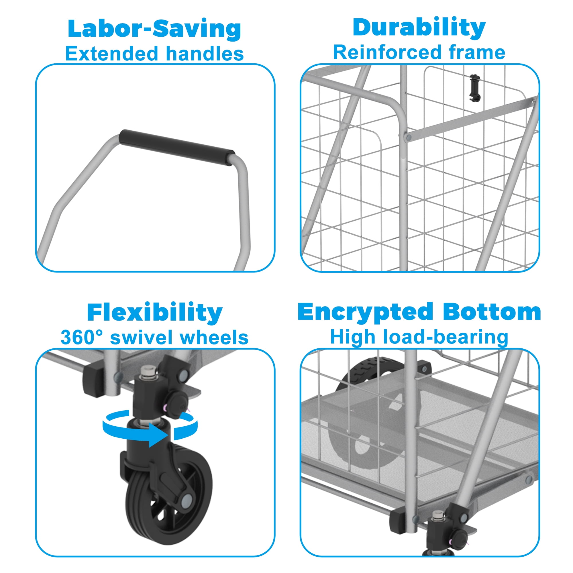 Yoneston Folding Shopping Cart with Wheels, 200 LBS Heavy Duty Grocery Cart, Collapsible Utility Cart for Laundry, Groceries, Travel, Grey