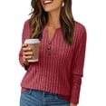 thumbnail image 2 of WTOBBY Women's T Shirt Tee Button Long Sleeve Daily Weekend Fashion Basic V-Neck Regular Top - Casual Comfort Wear with Button Detail for Stylish Outfits,Wine M, 2 of 6