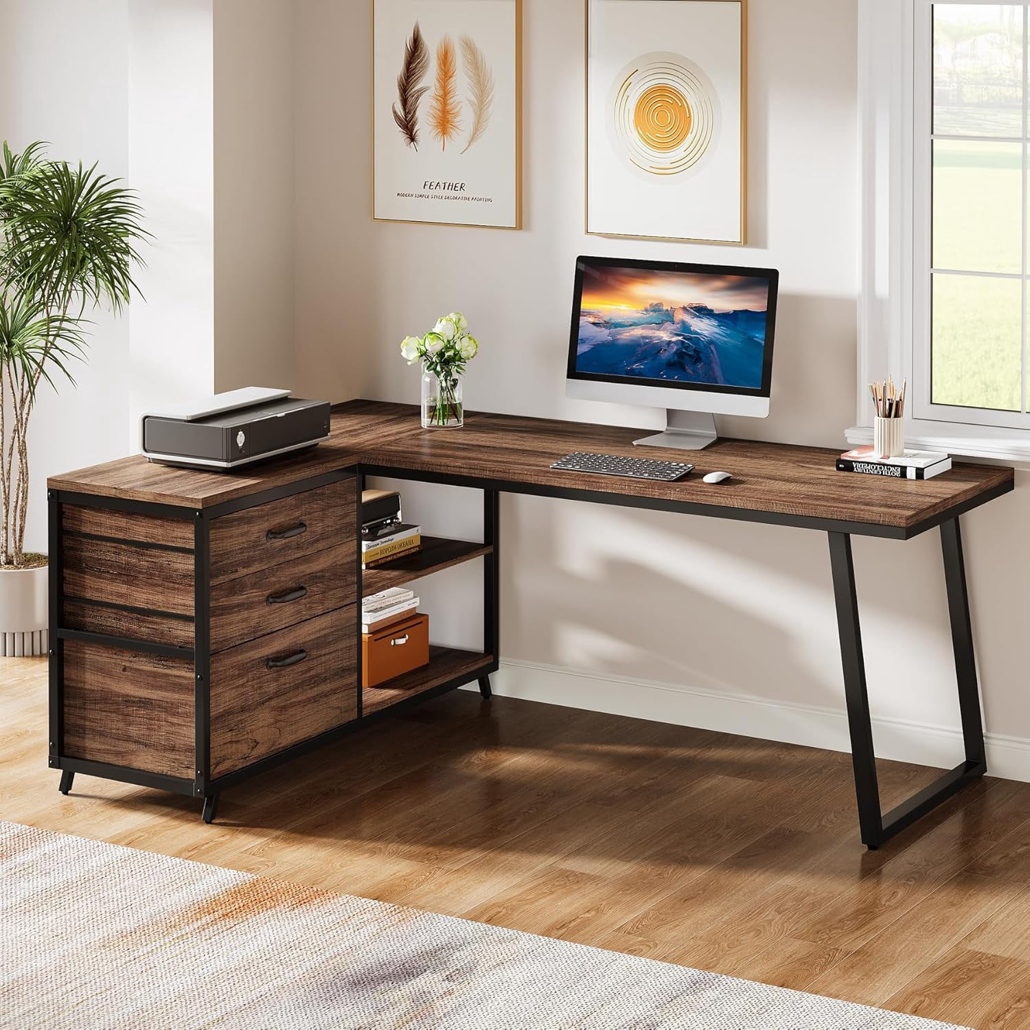 Tribesigns 53" L Shaped Office Desk, Reversible Corner Computer Desk with 3 File Drawers and 2 Storage Shelves for Home Office, Study, Gaming Room (Brown)