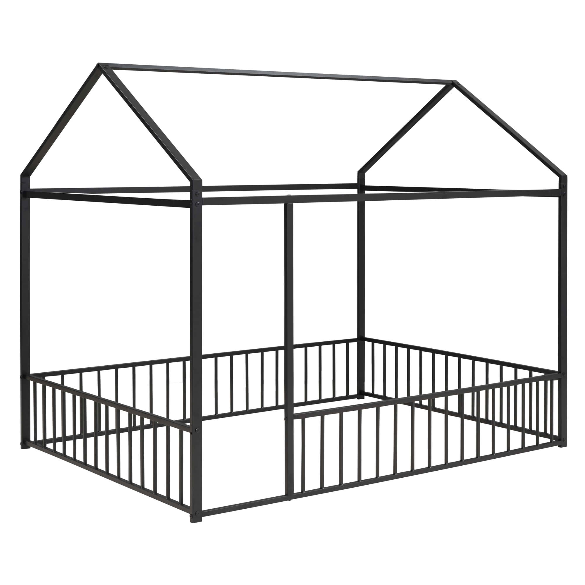 MAYEERTY Full Size Metal House Bed Frame, Fence, Kids Teens Bedroom, White