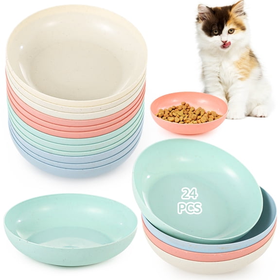 24 PCS Wheat Straw Cat Food Bowls, Whisker Fatigue Relief Cat Bowls, Shallow Round Pet Feeding Dishes 4 Colors, Stray Cat Feeding Bowls Ferret Plates, Microwave-Safe Pet Bowls for Wet Dry Food Water