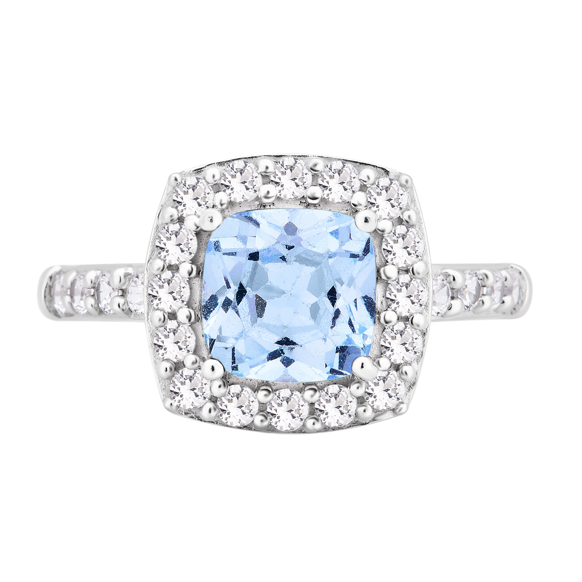 Arista Created Aquamarine and White Sapphire Halo Women's Engagement Ring in Sterling Silver