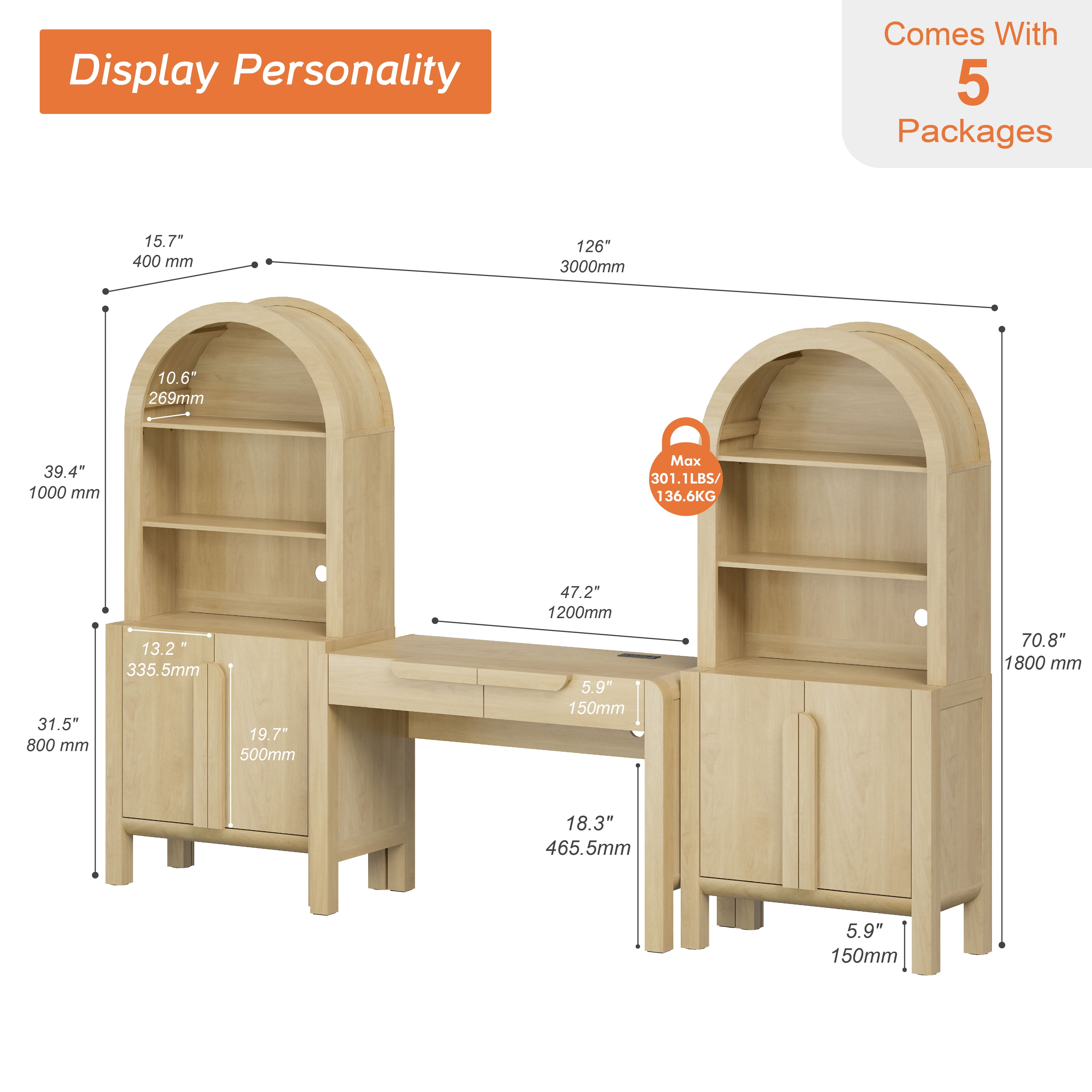 Home Office Set, 47" Modern Executive Desk with Charging Station and Drawers & 2 Piece 71"H Tall 5-Tier Arched Bookcases with Storage Cabinet for Living Room, Bedroom, Home Office