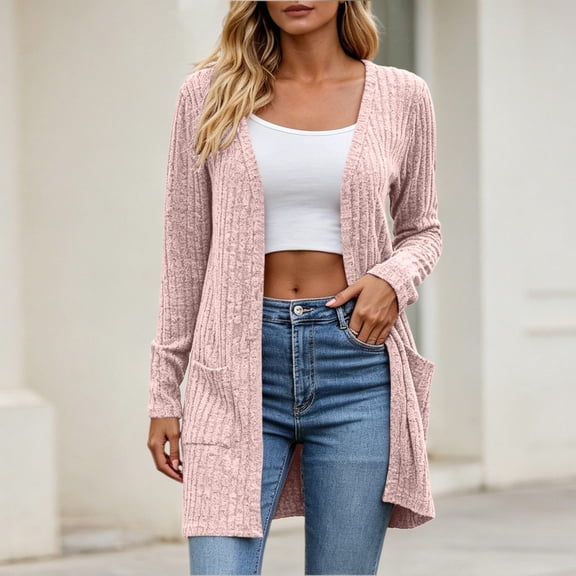 Ynynloco Long Cardigan Sweaters for Women Ribbed Knit Open Front Cardigan Long Sleeve Oversized Fall Winter Casual Coat with Pockets