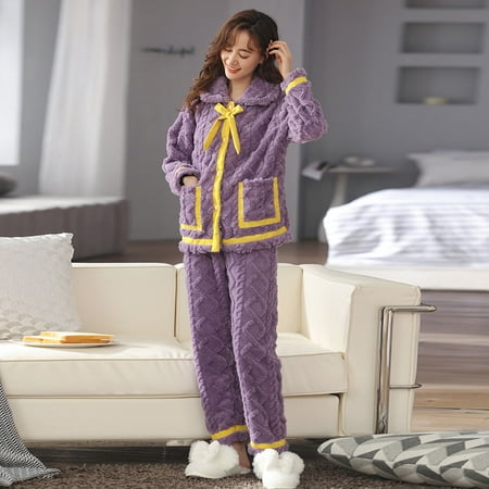 

SUWHWEA Christmas Gifts Pajamas Women s Autumn And Winter Thickened Warm Coral Velvet Long Sleeve+Pants Worn Out Home Pajama Suit on Clearance