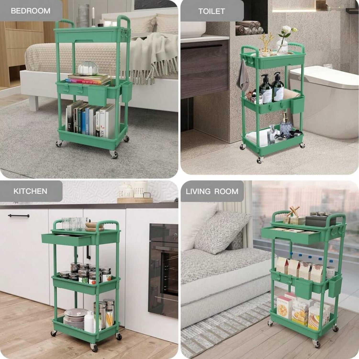 NTGFU 3 Tier Rolling Storage Cart with Drawers Rolling Utility Cart with Drawers,Room Decor,Bathroom Decor,Rolling Utility Cart Rolling Storage Organizer Tool for Kitchen,Green