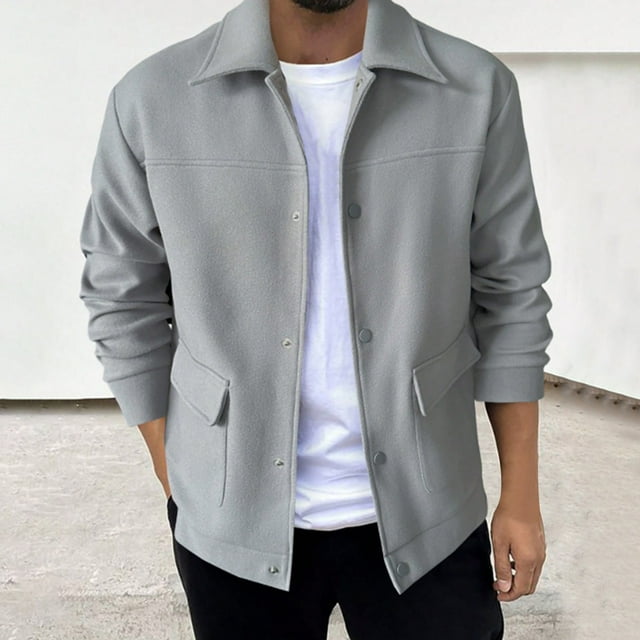 Yusimy Men's Casual Wool Blend Coat Solid Color Lapel Collar Long Sleeve Button Front Hoodless Overcoat