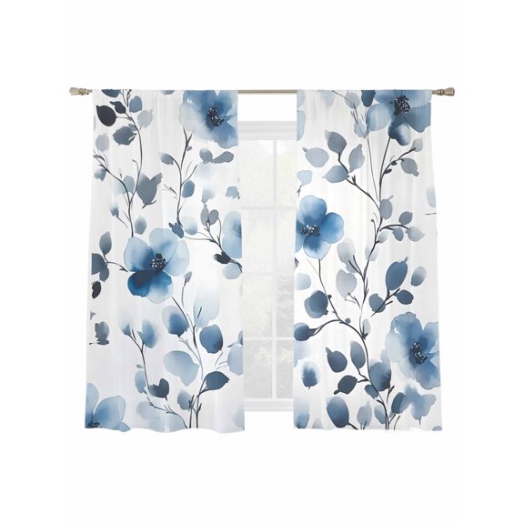 Blue Flowers Sheer Curtains 63 Inch Long 2 Panels, Retro Spring Watercolor Leaves Floral Light Filtering Rod Pocket Semi Sheer Curtains, Sheer Voile Drapes for Living Room Bedroom, 52"x63"
