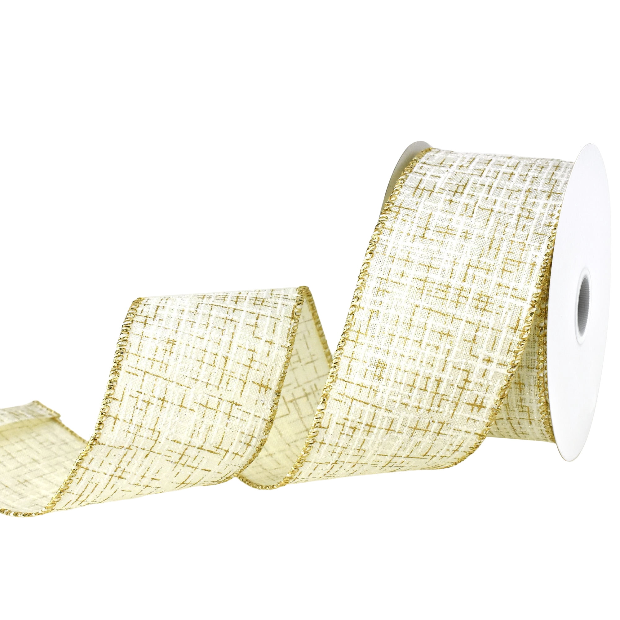 Homeford Elegant Striped Texture Faux Linen Wired Ribbon, 2-1/2-inch, 10-yard, Ivory/Gold