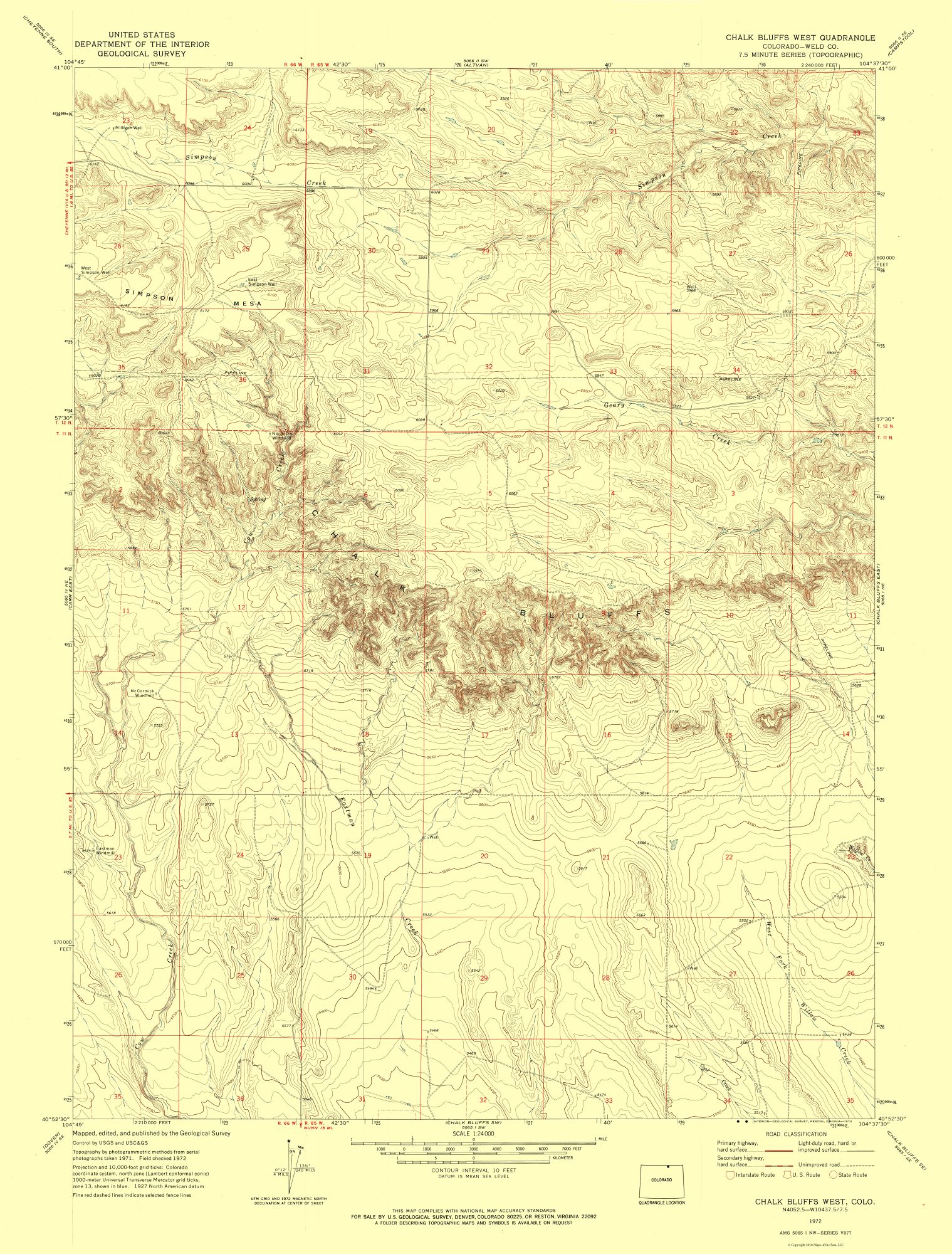 Topo Map Chalk Bluffs West Colorado Quad USGS 1972 23.00 x 30.29 Glossy Satin Paper