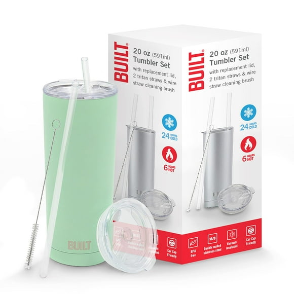 BUILT Ensemble de Gobelets en Acier Inoxydable à Double Paroi avec Couvercle de Remplacement 2 Brosses de Nettoyage en Fil Tritan Réutilisables dans une Boîte Cadeau 1 Unité (Lot de 1) Vert Cendré