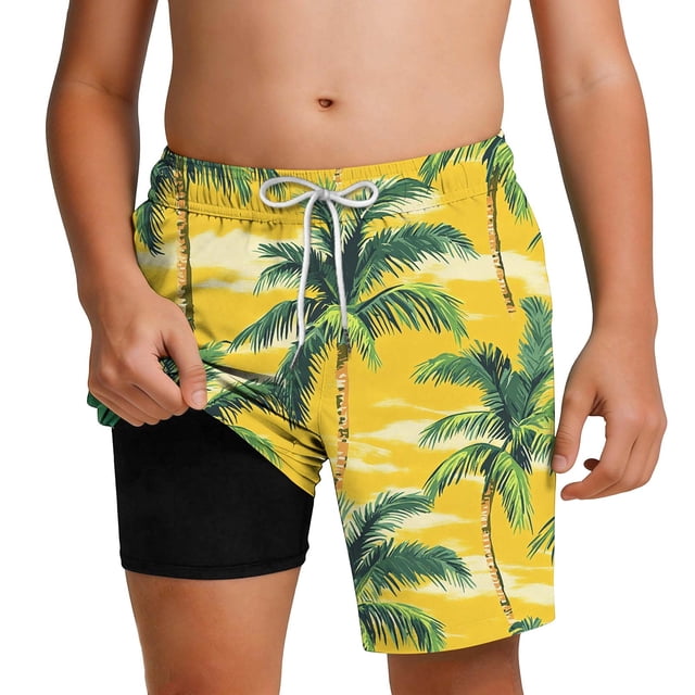 Zpanxa Boys Beach Shorts Polyester Spandex Tropical Print Loose Fit Drawstring Elastic Waistband Swim Trunks 5 Years