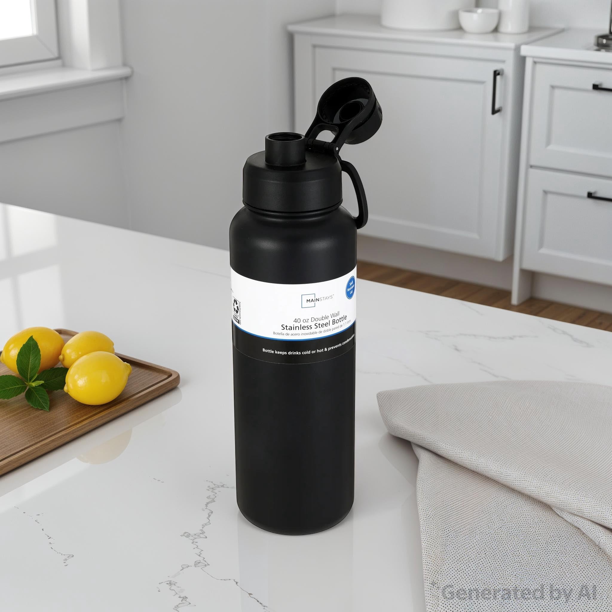 Mainstays 40 oz Black Stainless Steel Double-Wall Water Bottle