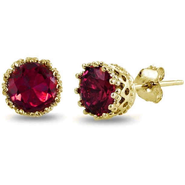 Created Ruby Yellow Gold Flashed Sterling Silver Crown Stud Earrings