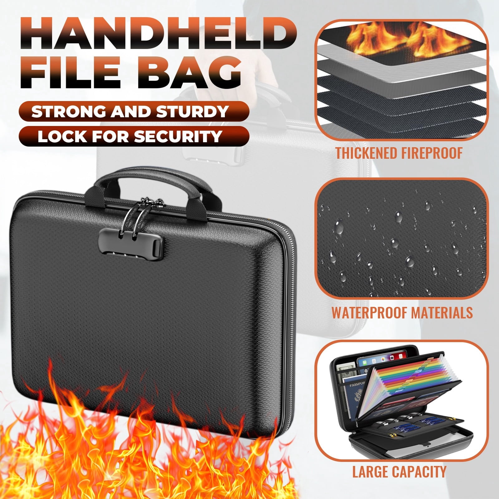 Fireproof Document Box With Hard Shell, 13-Pocket Accordion File Folder, Portable Fireproof & Water-Resistant Storage For Home Office Travel