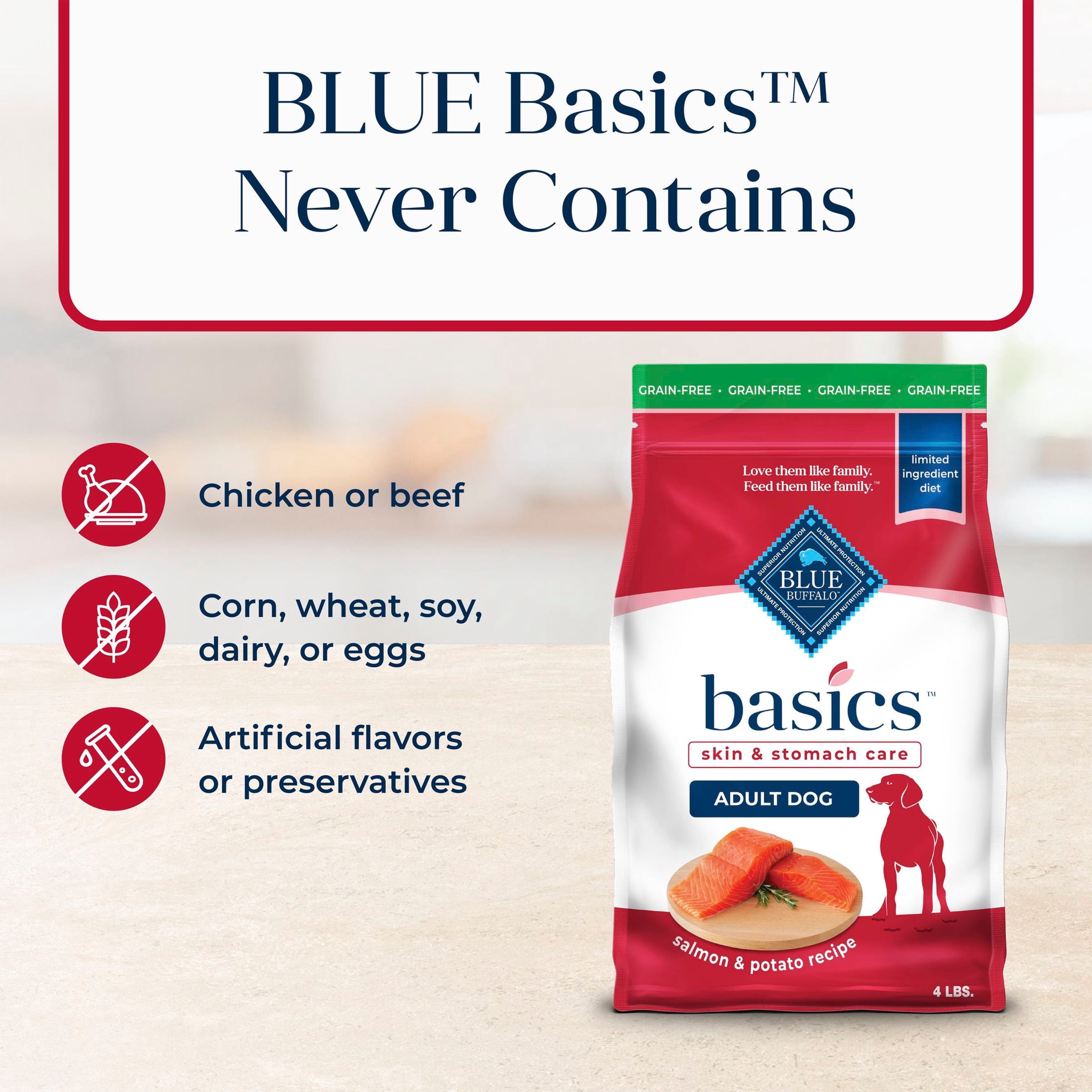 Blue Buffalo Basics Grain Free Adult Dry Dog Food, Salmon, Chicken Free, 4lbs
